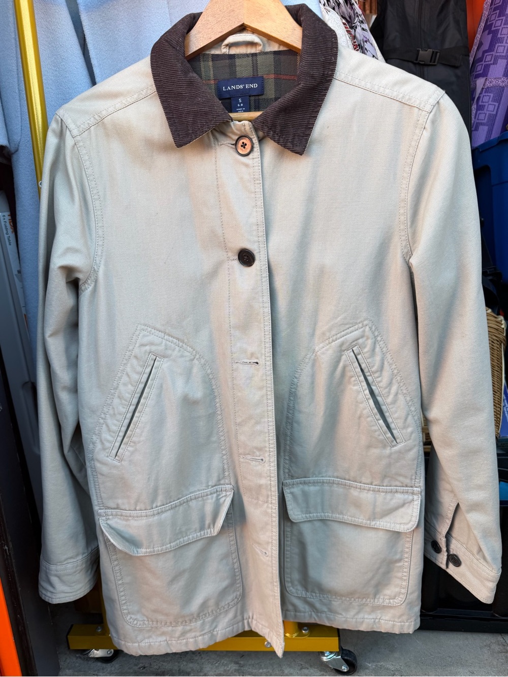 Lands' End Light Beige Cotton Jacket with Dark Brown Corduroy Collar
